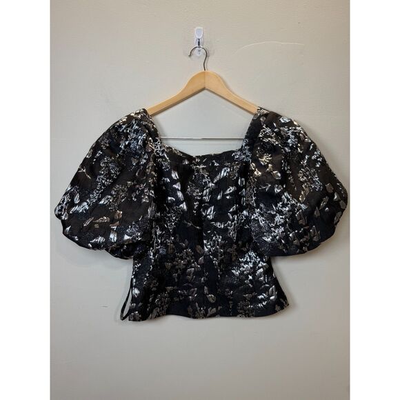 Jonathan Simkhai Women's Size 2 Black Metallic Taylor Wrap Top Puff Sleeve NWT - Picture 6 of 13
